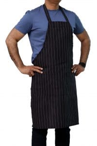 black pinstripe apron with pockets