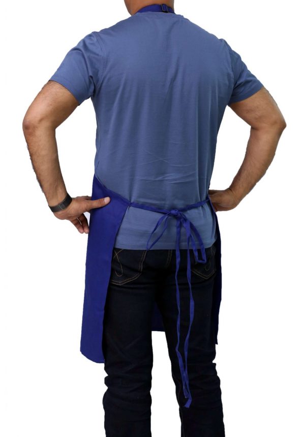 back side of blue bib apron